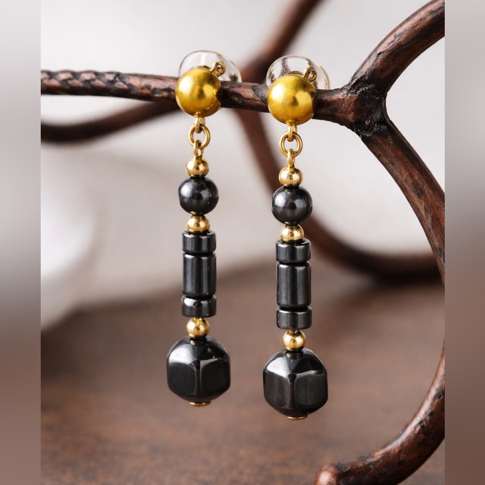 Vtg Hematite Bead Dangle Earrings | Gold Tone Studs | Minimalist Drop